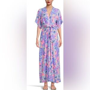 Lilly Pulitzer sz 10 Wisteria kimono Sleeve V-Neck Maxi Dress Floral Stretch